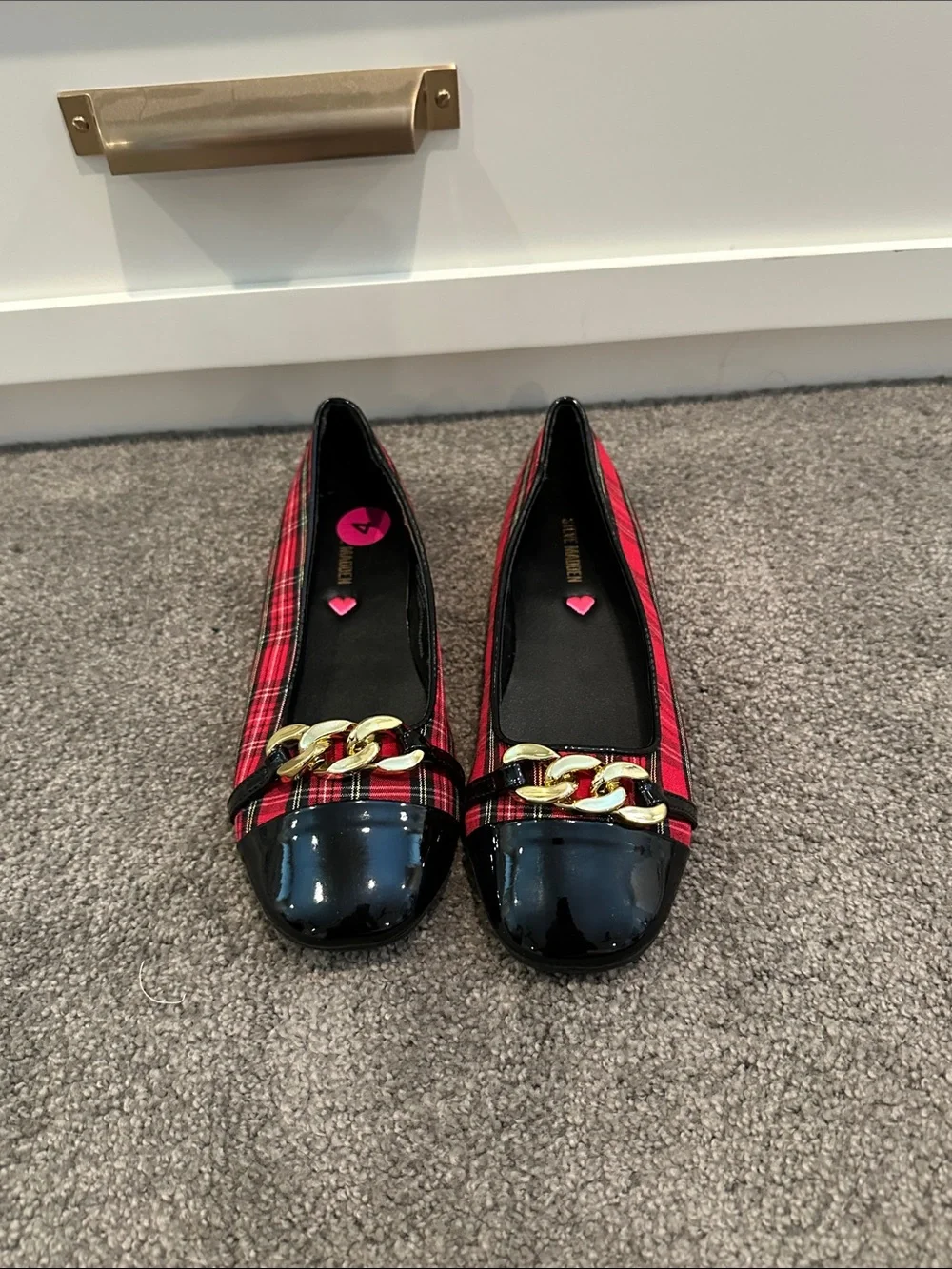 Steve Madden Red Plaid Flats with Black Patent Toe and Gold Chain Accent